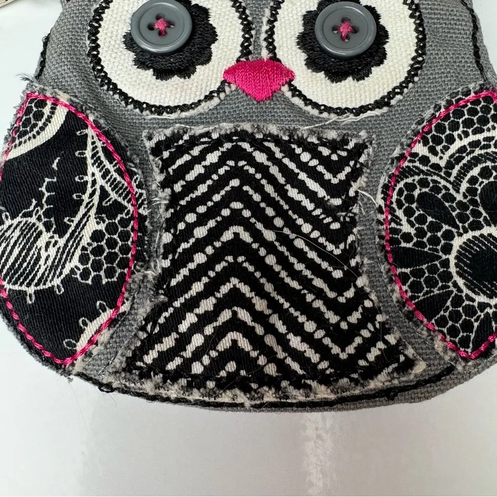 Thirty One Gifts gray, black, white and pink patchwork owl coin purse